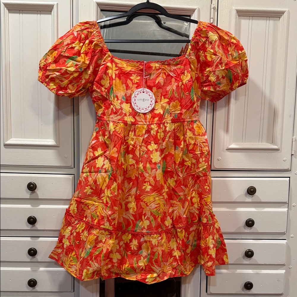 Umgee Medium Floral Puff Sleeve Mini Dress in Red and Yellow